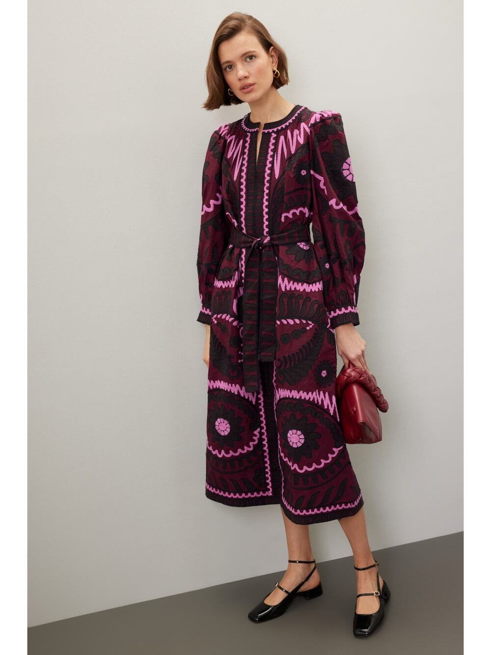 Sea New York Charlough Caftan Dress Embroidered Midi Purple Black Sz L